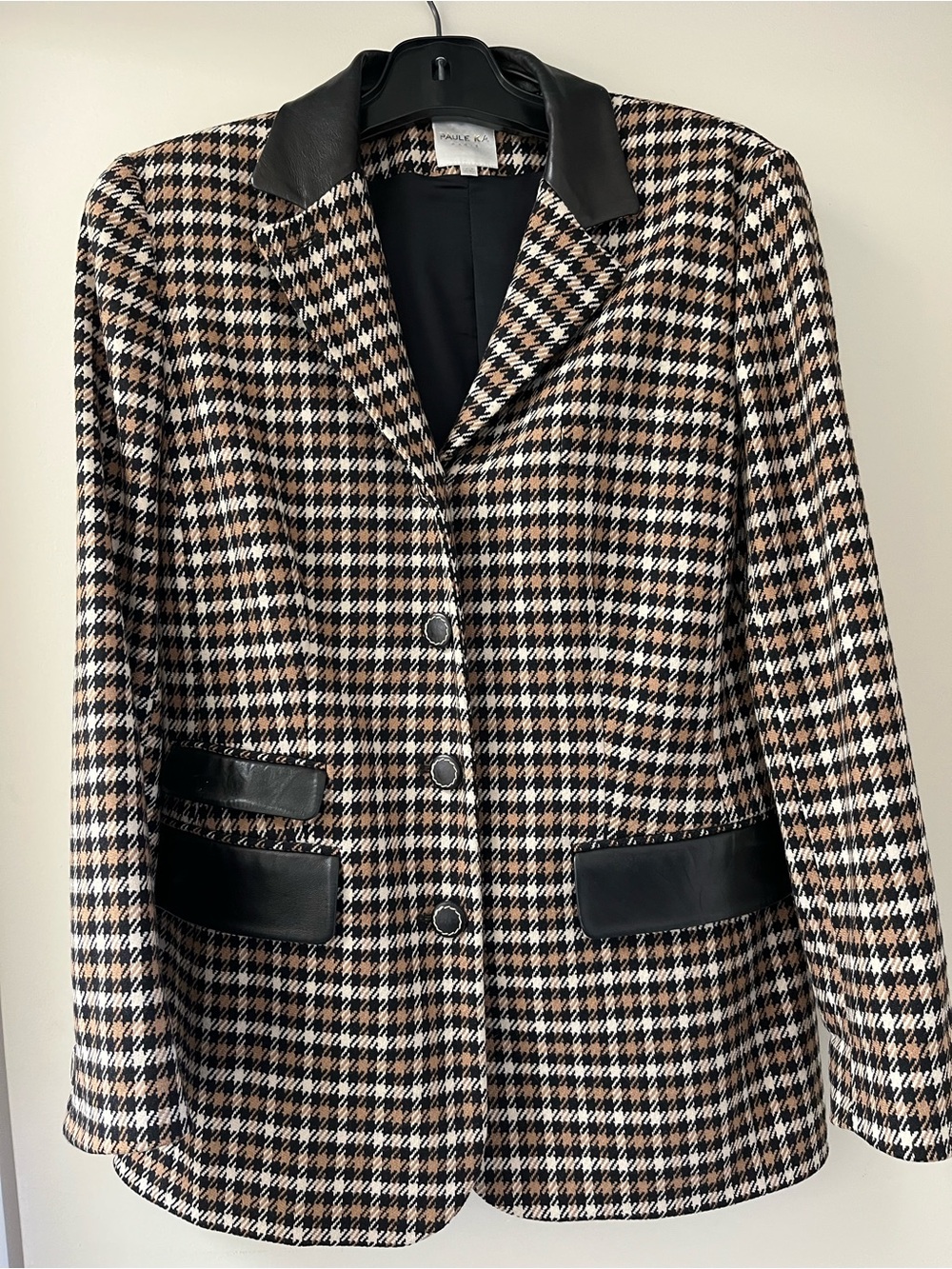 Vintage Paule Ka Houndstooth Blazer with Black Leather Trim - Black/Tan/White